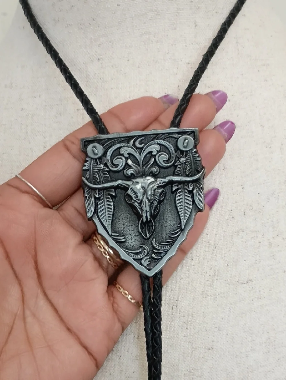Western Bolo Tie Necklace Ornate Silver Shield Black Cord Vintage Style